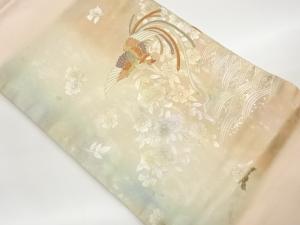 引箔金彩尾長鳥に枝垂れ桜・荒波模様刺繍名古屋帯